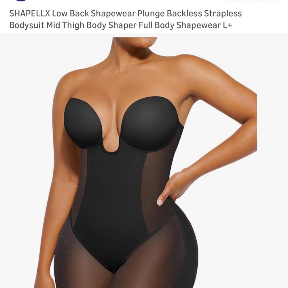 SHAPELLX Strapless Low-Back Plunge Bodysuit Shapewear - Black